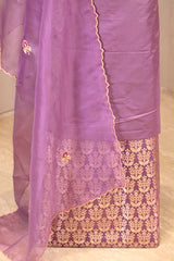 Lilac Satin Silk Suit with Organza Dupatta and Zari Embroidery