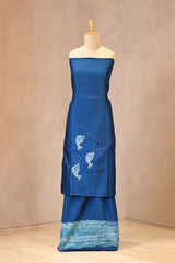 Sea blue Chiniya silk suit with fish motif embroidery and matching bottom