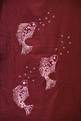 Maroon Chiniya Silk Unstitched Suit with Marine Motif Embroidery