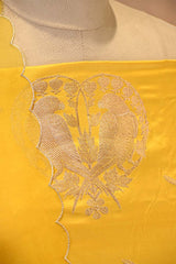 Yellow Satin Silk Unstitched Suit with Bird Motif Neckline & Organza Dupatta