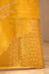 Yellow Satin Silk Unstitched Suit with Bird Motif Neckline & Organza Dupatta
