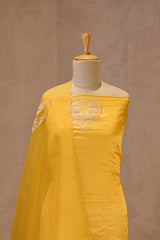 Yellow Satin Silk Unstitched Suit with Bird Motif Neckline & Organza Dupatta