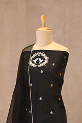 Black Handloom Satin Silk Unstitched Suit with Bird Motif Neckline & Organza Dupatta