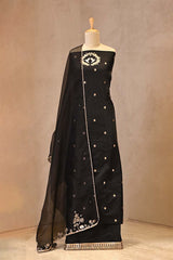 Black satin silk suit with bird motif neckline and organza dupatta