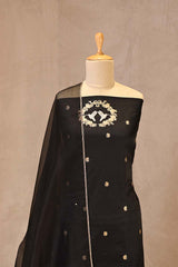 Black Handloom Satin Silk Unstitched Suit with Bird Motif Neckline & Organza Dupatta