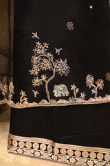 Black Handloom Satin Silk Unstitched Suit with Bird Motif Neckline & Organza Dupatta