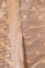 Grey Banarasi Katan Silk Unstitched Suit with Zari Buti & Dupatta