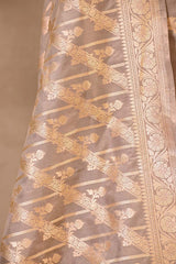 Grey Banarasi Katan Silk Unstitched Suit with Zari Buti & Dupatta
