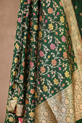 Bottle Green Banarasi Katan Silk Unstitched Suit Set with Zari Buti