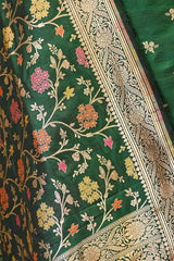 Bottle Green Banarasi Katan Silk Unstitched Suit Set with Zari Buti