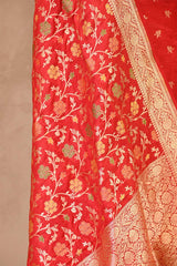 Red Banarasi Katan Silk Unstitched Suit Set with Zari Buti