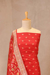 Red Banarasi Katan Silk Unstitched Suit Set with Zari Buti