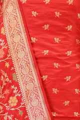 Red Banarasi Katan Silk Unstitched Suit Set with Zari Buti