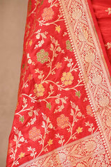 Red Banarasi Katan Silk Unstitched Suit Set with Zari Buti