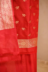 Red Banarasi Katan Silk Unstitched Suit Set with Zari Buti