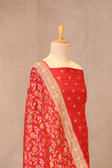 Red Banarasi Katan Silk Unstitched Suit Set with Zari Buti