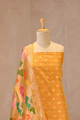 Yellow Katan Silk Unstitched Suit Set with Meenakari Buta & Rangkat Dupatta