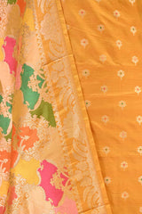 Yellow Katan Silk Unstitched Suit Set with Meenakari Buta & Rangkat Dupatta