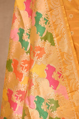 Yellow Katan Silk Unstitched Suit Set with Meenakari Buta & Rangkat Dupatta
