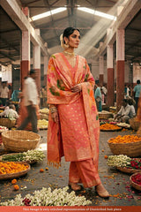 Women wearing Pure Banarasi Suit Set in a setting of Phool Mandi. Banarasi Dress Material