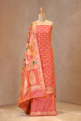 Peach Katan silk suit set with meenakari floral buta and rangkat Banarasi dupatta