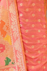 Peach Katan Silk Unstitched Suit Set with Meenakari Buta & Rangkat Dupatta