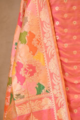 Peach Katan Silk Unstitched Suit Set with Meenakari Buta & Rangkat Dupatta