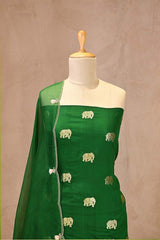 Emerald Green Chiniya Silk Suit Set with Gaja Motifs & Gold Embellished Dupatta
