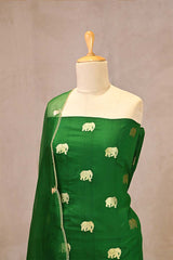 Emerald Green Chiniya Silk Suit Set with Gaja Motifs & Gold Embellished Dupatta