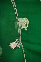 Emerald Green Chiniya Silk Suit Set with Gaja Motifs & Gold Embellished Dupatta