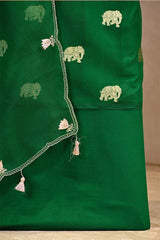 Emerald Green Chiniya Silk Suit Set with Gaja Motifs & Gold Embellished Dupatta