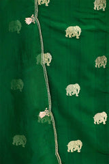 Emerald Green Chiniya Silk Suit Set with Gaja Motifs & Gold Embellished Dupatta