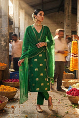 Emerald Green Chiniya Silk Suit Set with Gaja Motifs & Gold Embellished Dupatta