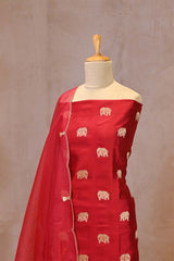 Red Chiniya Silk Suit Set with Gaja Motifs & Gold Embellished Dupatta