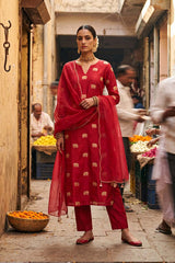 Red Chiniya Silk Suit Set with Gaja Motifs & Gold Embellished Dupatta
