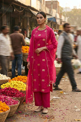 Women wearing Pink Suit set for wedding wear.