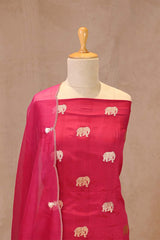 Red Chiniya Silk Suit Set with Gaja Motifs & Gold Embellished Dupatta