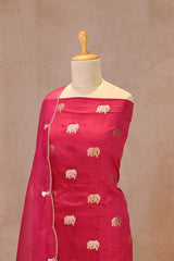 Fuschia Pink Chiniya Silk Suit Set with Gaja Motifs & Gold Embellished Dupatta