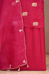 Fuschia Pink Chiniya Silk Suit Set with Gaja Motifs & Gold Embellished Dupatta