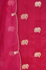 Fuschia Pink Chiniya Silk Suit Set with Gaja Motifs & Gold Embellished Dupatta