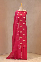 Fuschia Pink Chiniya Silk Suit Set with Gaja Motifs & Gold Embellished Dupatta
