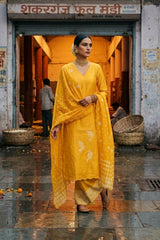 Dual-tone Sona-Roopa gold and silver zari woven floral buti on a yellow Banarasi silk unstitched suit set with a dori work floral edged organza dupatta.