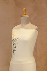 Off-White Mulmul Suit Set With Mustard Yellow Floral Embroidery