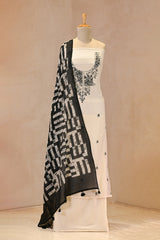 Black & White Mulmul Suit Set With Embroidey And Printed Dupatta