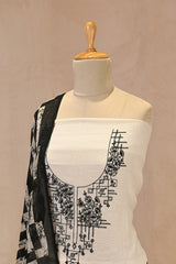 Black & White Mulmul Suit Set With Embroidey And Printed Dupatta