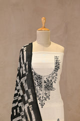 Black & White Mulmul Suit Set With Embroidey And Printed Dupatta