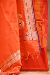 Orange Katan Silk Suit Set With Zari Stripes & Paisely Motif Dupatta