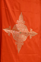 Orange Katan Silk Suit Set With Zari Stripes & Paisely Motif Dupatta