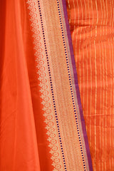 Orange Katan Silk Suit Set With Zari Stripes & Paisely Motif Dupatta