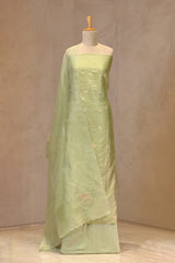 Sage Green Katan Silk Suit Set with Scalloped Organza Dupatta